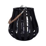 Farol ALVARU de ratán, con cristal de vela, asa, negro, 22cm, Ø21cm