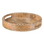 Bandeja con asa MELOBU de madera de mango, con decoración de costuras, natural, 5 cm, Ø 30 cm