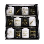 Velas planas de Nochevieja OVILA, 12 unidades, negro-blanco-dorado, 8 cm, Ø 6 cm - Fabricadas en Alemania