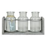 Botellas decorativas LORRIE, vidrio, con soporte de madera, 3 vasos, transparentes, 25 x 8 x 13 cm