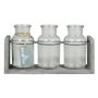 Botellas decorativas LORRIE, vidrio, con soporte de madera, 3 vasos, transparentes, 25 x 8 x 13 cm