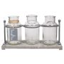 Frascos de cristal Deco LORRIE con soporte de madera, 3 vasos, transparente, 27,5x10x14,5cm
