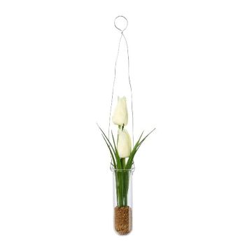 Arreglo floral artificial de tulipanes FRUKE en jarrón colgante, blanco, 35 cm