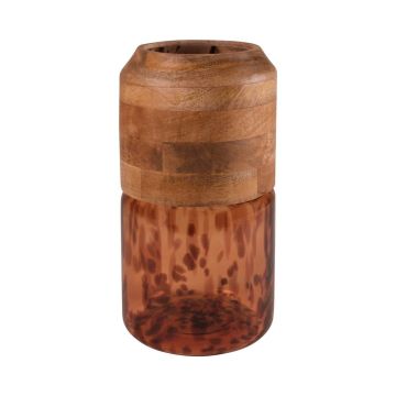 Jarrón RUSSELL con madera de mango, vidrio, estampado de leopardo, marrón-transparente, 33,5 cm, Ø 18 cm