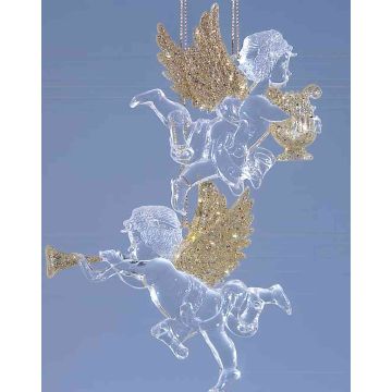 Colgantes decorativos acrílicos de ángeles LINDY, 2 unidades, arpa, lira, brillantes, dorados, 9 x 10 cm