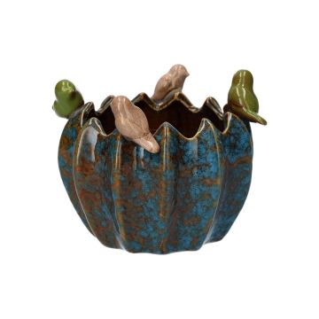 Maceta redonda TARINO de cerámica, con pájaros en 3D, azul-marrón-verde-beige, 11 cm, Ø 13,8 cm