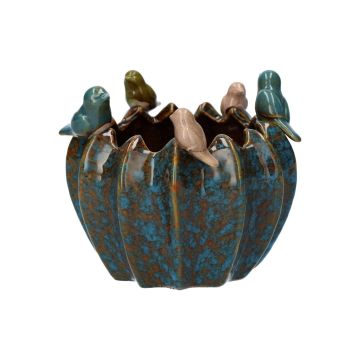 Maceta redonda TARINO de cerámica, con pájaros en 3D, azul-marrón-verde-beige, 13,7 cm, Ø 15,3 cm