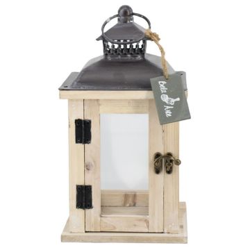 Linterna decorativa de madera BEGGY con cristal, asa, beige, 15,5 x 15,5 x 29 cm