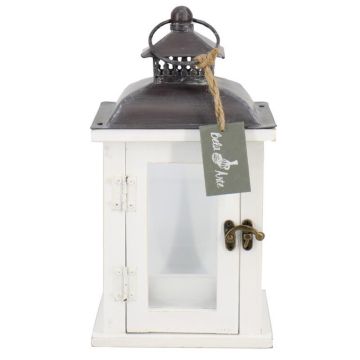 Linterna decorativa de madera BEGGY con cristal y asa, blanca, 15,5 x 15,5 x 29 cm
