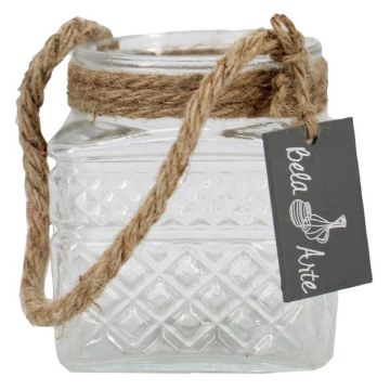 Vaso para velas MELMY con cordón, diseño de rombos, transparente, 10 cm, Ø 9 cm