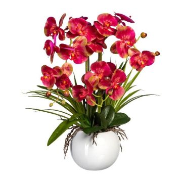 Arreglo floral artificial de orquídea Phalaenopsis TRALFEN con hierba, maceta de cerámica, raíces, rosa-verde, 60 cm
