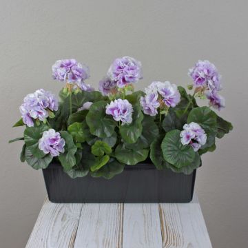 Geranios artificiales FLOREANA en maceta, 3 unidades, lila y blanco, 40 x 15 x 35 cm