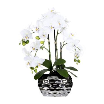 Flor de plástico Phalaenopsis Orquídea SINKA en maceta decorativa plateada, blanca, 55 cm