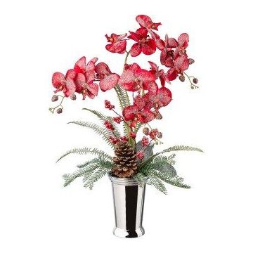 Decoración de helecho y orquídea BALSI, jarrón de cerámica, piñas, bayas, nevado, rojo y blanco, 70 cm