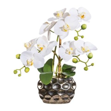 Flor decorativa Phalaenopsis BRULFEN, jarrón decorativo plateado, blanco, 30 cm