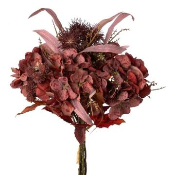Ramo artificial de hortensia y cardo esférico FISMA, rojo burdeos, 45 cm