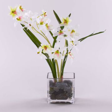 Orquídea Dendrobium artificial ZUZA en vidrio decorativo, blanco-verde, 35cm