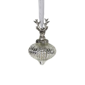 Bola de Navidad NUMI de cristal, con ciervo, forma de cebolla, plateada, Ø 8 cm Bola de Navidad NUMI de cristal, con ciervo, forma de cebolla, plateada, Ø 8 cm