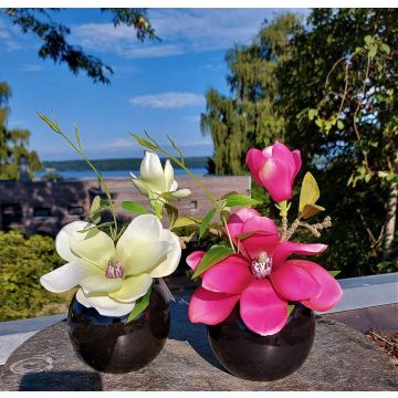 Magnolia artificial FEMI en maceta de cerámica negra, rosa, 20 cm, Ø 17 cm