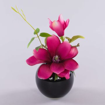 Magnolia artificial FEMI en maceta de cerámica negra, rosa, 20 cm, Ø 17 cm
