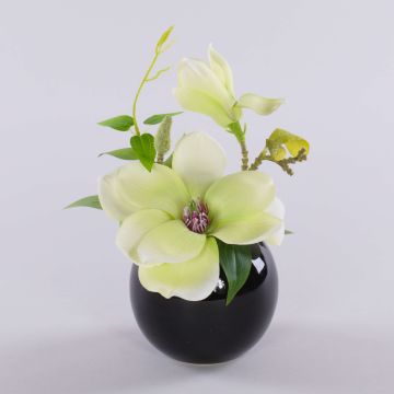 Magnolia artificial FEMI en maceta de cerámica negra, crema-verde, 20cm, Ø17cm