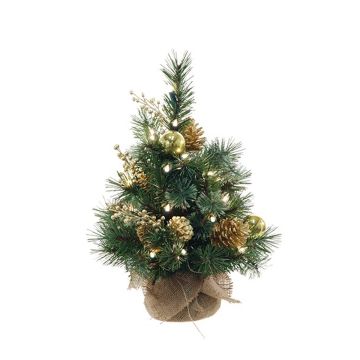 Árbol de Navidad artificial CEDO, bolsa de yute, piñas, bayas, LED, verde-oro, 45cm