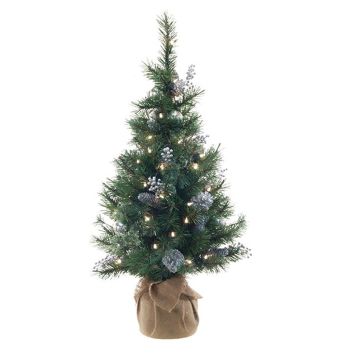 Árbol de Navidad artificial CEDO, bolsa de yute, piñas, bayas, LED, verde-plata, 90cm