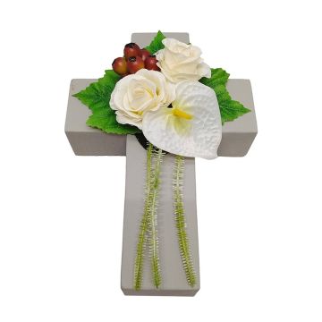 Arreglo artificial de rosa, anturio, escaramujo NINNA, cruz, blanco-rojo, 30x18x11cm