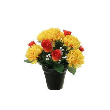 Composición de flores artificiales de Crisantemo, Rosa YESHE, maceta decorativa, amarillo-naranja, 28cm, Ø22cm