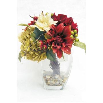 Arreglo de flores artificiales de Dalia, Hortensia THEES, maceta decorativa, rojo-crema-verde, 30cm, Ø25cm