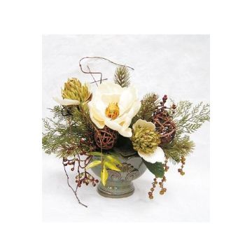 Composición de flores artificiales de magnolia, protea, bayas TORWI, maceta decorativa, blanco-verde, 31cm, Ø34cm