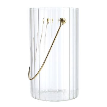 Jarrón decorativo BLANDINA con asa, vidrio, estriado, transparente-dorado, 18 cm, Ø 10 cm