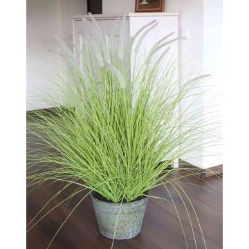 Pennisetum artificial OVIDIO, panículas, maceta de zinc, verde, 115cm