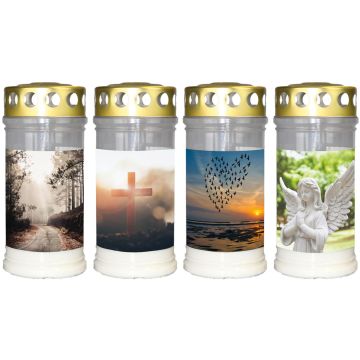Vela funeraria SAVINA, motivo, tapa, 4 unidades, blanca, 17 cm, Ø 7,7 cm, 96 h