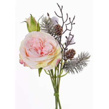 Ramo de rosas artificial FANNI, piñas, nevado, rosa, 30cm, Ø15cm Ramo de rosas artificial FANNI, piñas, nevado, rosa, 30cm, Ø15cm