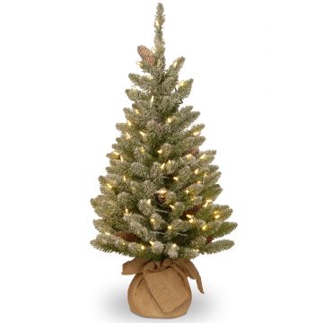 Árbol Navidad artificial WIEN, piñas, saco yute, LED, nevado, 90cm, Ø50cm