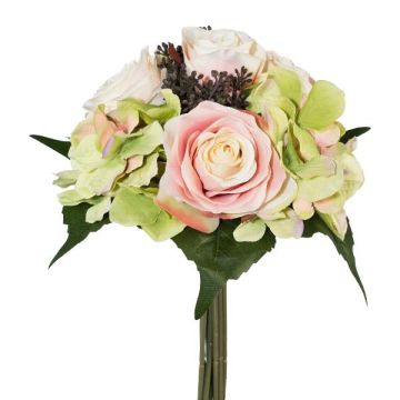 Ramo de flores artificiales de rosas y hortensias DRUZA con frutos, rosa-champán-verde, 30 cm