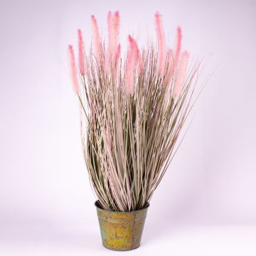 Pennisetum artificial OVIDIO, panículas, maceta de zinc, verde-rosa, 100cm