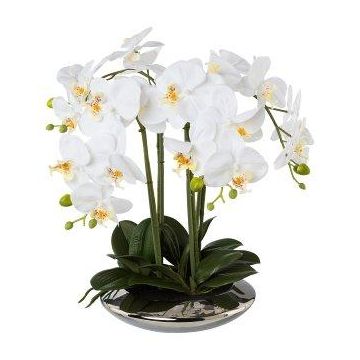 Orquídea Phalaenopsis MANULO de tela, cuenco de cerámica plateado, raíces, blanco, 40 cm
