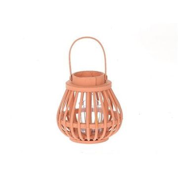 Farolillo CHARITHRA con asa, madera, inserto de cristal, naranja, 15 cm, Ø 15,5 cm