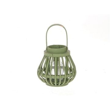 Farol CHARITHRA con asa, madera, inserto de cristal, verde, 15 cm, Ø 15,5 cm