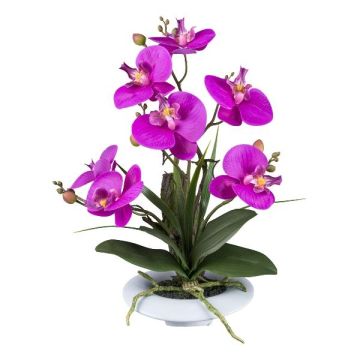 Arreglo floral artificial de orquídea Phalaenopsis HIKABU con sauce retorcido, maceta de cerámica, raíces, lila, 40 cm