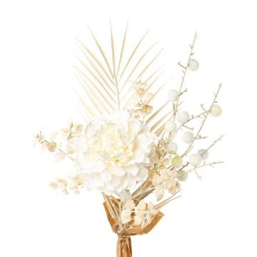 Ramo decorativo de peonías AYMA con euforbia globosa, hoja de palma, crema, 60 cm