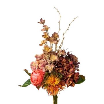 Ramo de flores artificiales cardo rosa y hortensia PRINZY, naranja salmón y rosa viejo, 60 cm