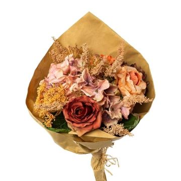 Ramo de flores artificiales rosa y hortensia Skimmie FORTA, naranja salmón y rosa viejo, 50 cm