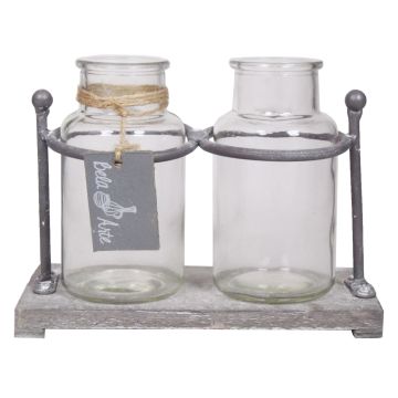 Frascos de cristal Deco LORRIE con soporte de madera, 2 vasos, transparente, 19,5x10x14,5cm