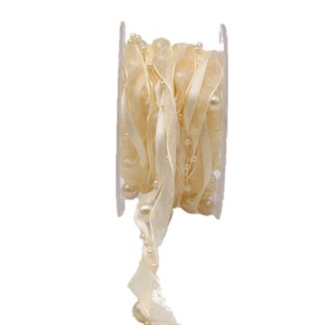 Cinta decorativa con cuentas CARESA de gasa y satén, color crema, 5 m, 20 mm