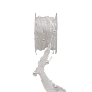 Cinta decorativa con cuentas CARESA de gasa y satén, color blanco, 5 m, 20 mm