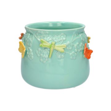 Macetero KIMANA de cerámica, mariposas y libélulas en 3D, azul-amarillo-verde-naranja, 12,5 cm, Ø 15,5 cm