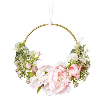Corona de flores artificiales de peonía y campanilla KEFRO, rosa, Ø 25 cm